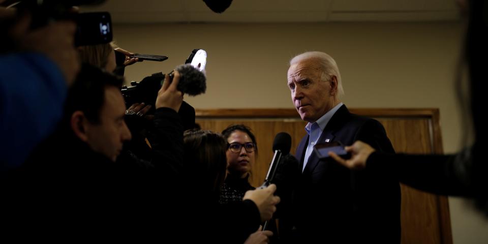 Democratic 2020 U.S. presidential candidate and former Vice President Joe Biden talks to journalists during a campaign event in Mt Pleasant, Iowa, U.S., January 31, 2020. REUTERS/Carlos Barria