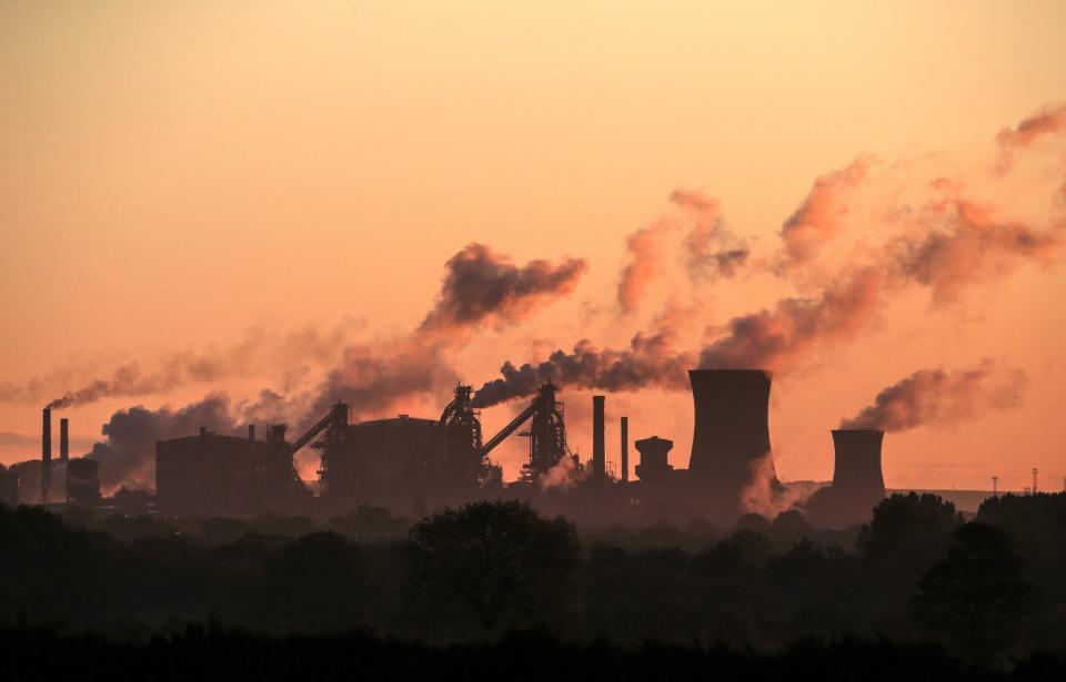 British Steel's Scunthorpe plant is pictured at dawn in north Lincolnshire, north east England on May 22, 2019. - A collapse of British Steel, Britain's second biggest steelmaker, would spark the loss of up to 5,000 jobs at the group's sprawling steelworks in Scunthorpe, northern England. (Photo by Lindsey Parnaby / AFP)        (Photo credit should read LINDSEY PARNABY/AFP via Getty Images)