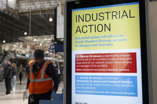 A view of a billboard showing a notice as rail workers set to stage strike over dispute of pay and working arrangements.