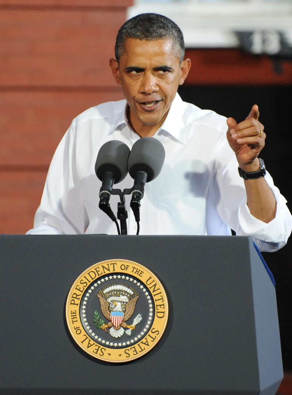 President Barack Obama speaks during a campaign stop at the historic Fire Station No.1, in downtown Roanoke, Va., Friday, July 13, 2012. Obama traveled to southwest Virginia to discuss choice in this election between two fundamentally different visions on how to grow the economy, create middle-class jobs and pay down the debt. (AP Photo/Don Petersen)