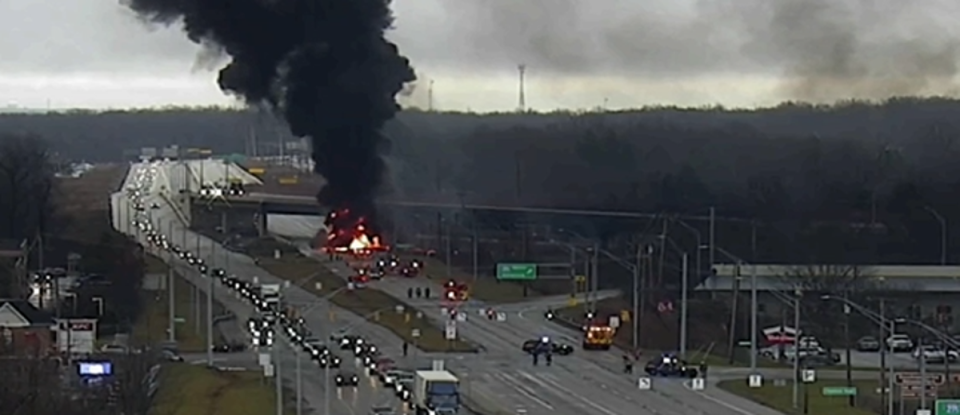 The horrific crash caused a fire and huge plumes of black smoke (Ohio Department of Transport/Fox8)