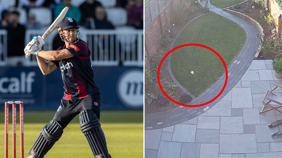 Cricket batter Chris Lynn (pictured) hitting a ball and (pictured right) the ball heading into a home.