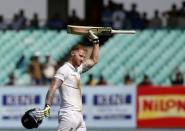 First Test cricket match - Saurashtra Cricket Association Stadium, Rajkot, India - 10/11/16. England's Ben Stokes celebrates after scoring his century. REUTERS/Amit Dave