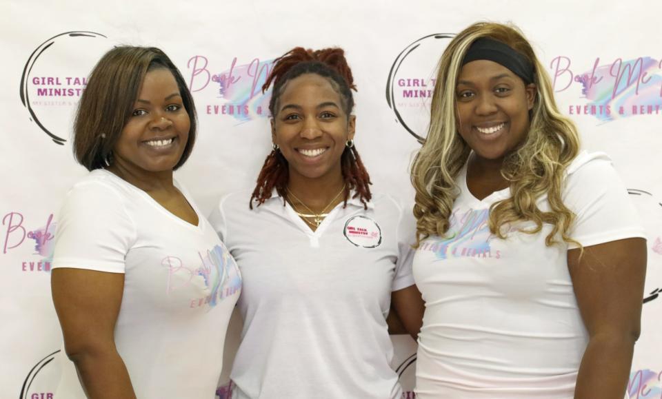 Ashley Champion with Book Me Boo, founder of Girl Talk Ministry Tiana Roberts and Kyrea McCluney with Book Me Boo pose for a photo at the Girl Talk Ministry 2nd Annual Prom Dress Giveaway held Saturday, March 18, 2023, at Bynum Chapel Family Life Center in Kings Mountain.