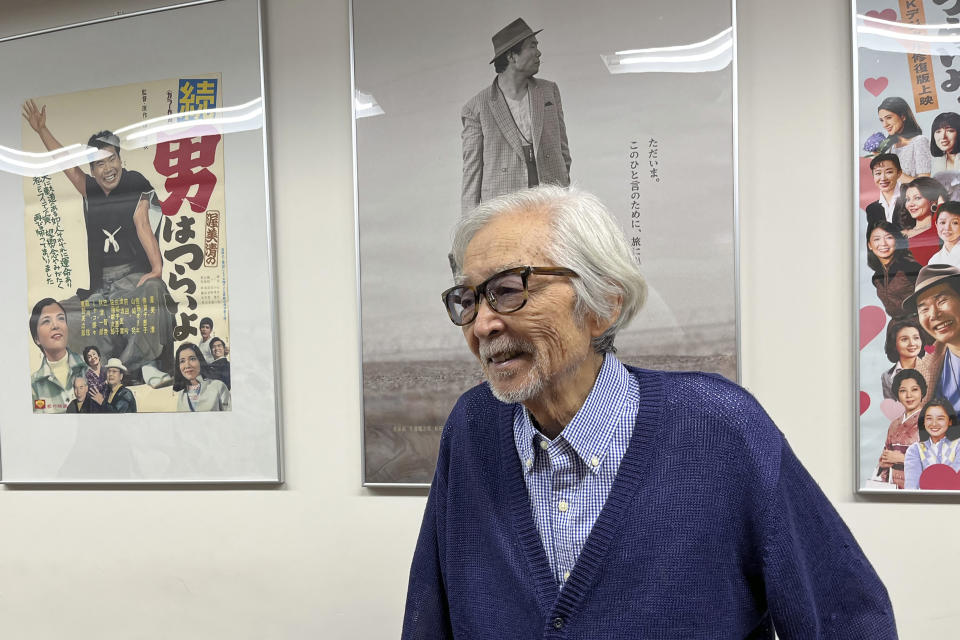 Japanese director Yoji Yamada, who has 90 films to his credit, talks to The Associated Press at a Shochiku office in Tokyo, Wednesday, Oct. 4, 2023. A theater piece he has scripted and directed, based on a storyteller’s classic, is being performed at the Kabukiza theater in Tokyo through the end of this month. Yamada, 92, says all his works deal with the question of what it truly means to be human. (AP Photo/Yuri Kageyama)