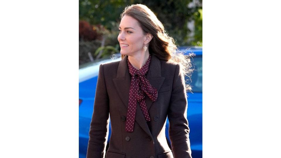 The Princess of Wales in brown coat with gold fern earrings