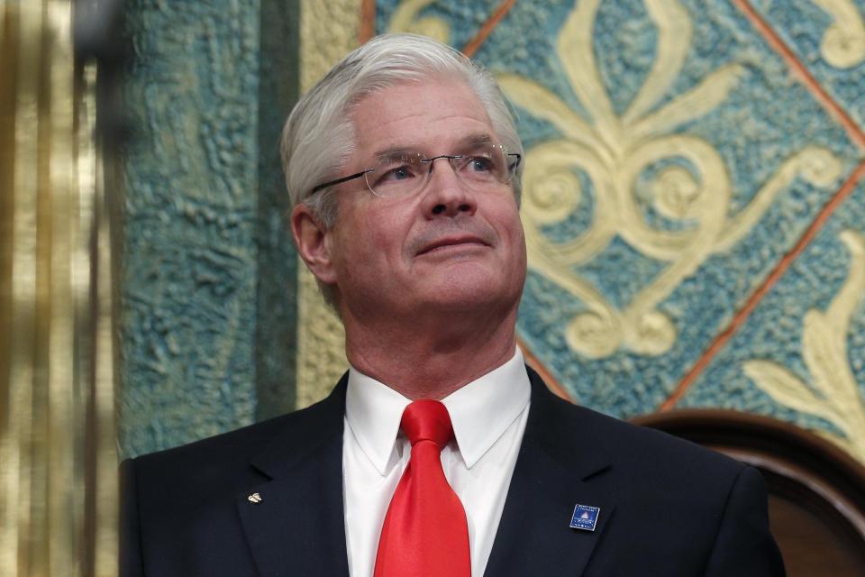 In this Feb. 12, 2019 file photo, state Senate Majority Leader Mike Shirkey, R-Clarklake, watches during the State of the State address at the state Capitol in Lansing. A company owned by Shirkey and one run by U.S. Senate candidate John James each received between $1 million and $2 million from a federal rescue program that was created to preserve jobs during the coronavirus pandemic.
