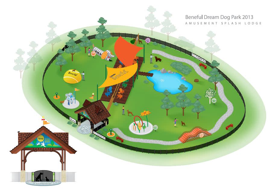 This illustration released by Beneful shows the design for the Beneful Dream Dog Park in Lancaster Pa. The doggy amusement park with a tennis ball tree and a 40-foot roller coaster bridge, opens Aug. 6. (AP Photo/Beneful)