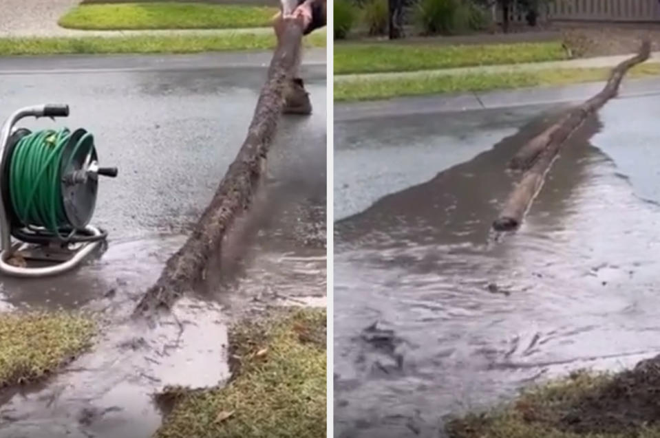 A person uses equipment to clean a clogged drain, water flows clearly afterward