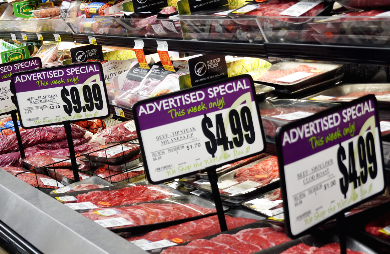 LOS ANGELES, CALIFORNIA - SEPTEMBER 13: Beef is advertised for sale in a grocery store on September 13, 2022 in Los Angeles, California. The Bureau of Labor Statistics reported that the Consumer Price Index (CPI) rose 0.1 percent from July, after no increase the previous month, as inflationary pressures continue. (Photo by Mario Tama/Getty Images)