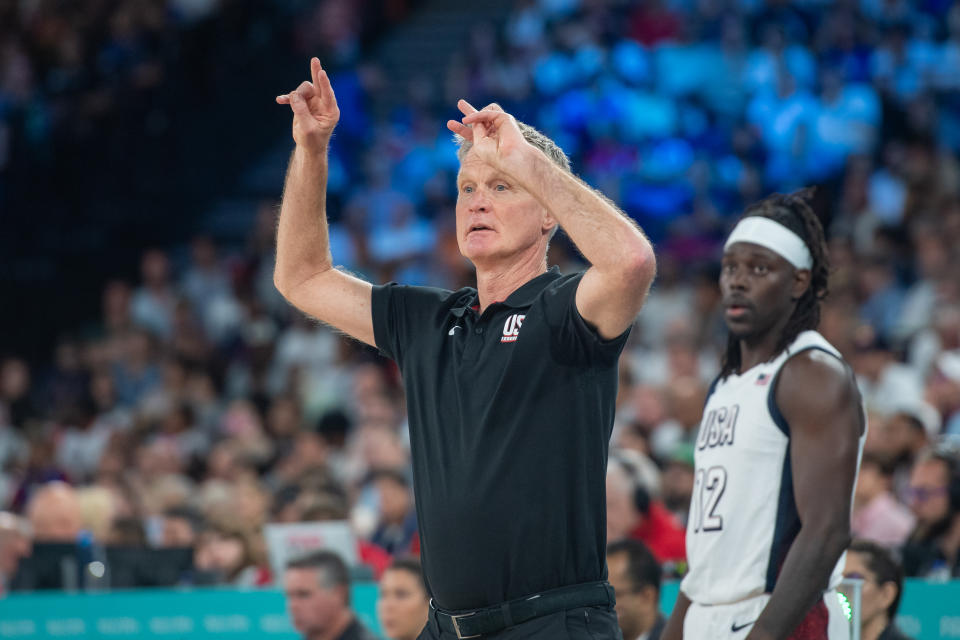 PARIS, FRANCE - AUGUST 08: Head Coach Steve Kerr of United States reacts during a Men's basketball semifinals match between Team United States and Team Serbia on day thirteen of the Olympic Games Paris 2024 at Bercy Arena on August 08, 2024 in Paris, France. (Photo by RvS.Media/Monika Majer/Getty Images)