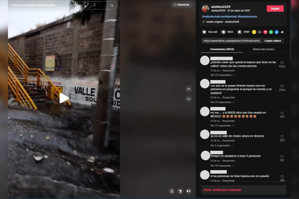 Captura de video de TikTok sobre afectaciones en Valle de Chalco por inundación, en mayo de 2021