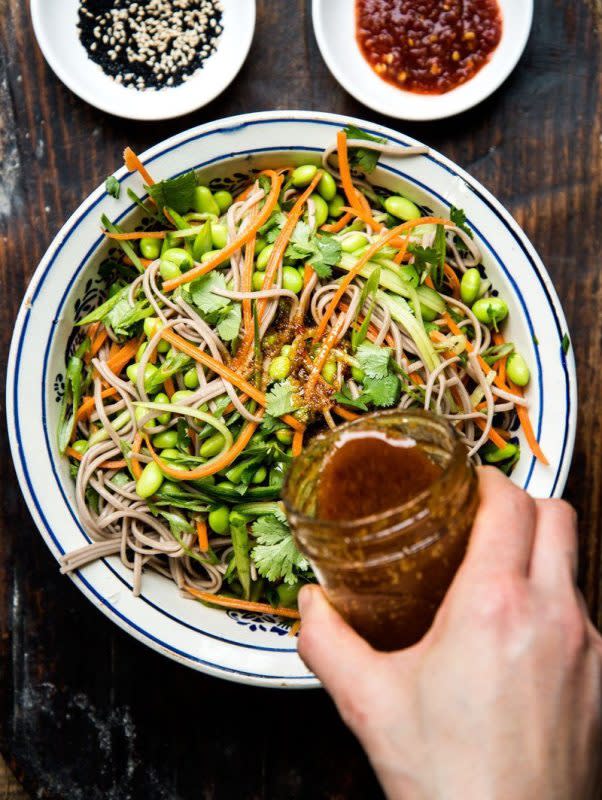 <p>A quick, cold, buckwheat soba noodle salad with an assortment of vegetables and herbs prepared in a manner of minutes.</p><p><strong>Get the recipe: <a href="https://honestcooking.com/buckwheat-soba-noodle-salad-chili-dressing/" rel="nofollow noopener" target="_blank" data-ylk="slk:Buckwheat Soba Noodle Salad with Chili Dressing;elm:context_link;itc:0;sec:content-canvas" class="link rapid-noclick-resp"><em>Buckwheat Soba Noodle Salad with Chili Dressing</em></a></strong></p>