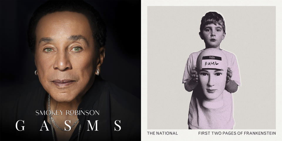This combination of images shows album art for mokey Robinson’s new album “Gasms," left, and “First Two Pages of Frankenstein” by The National. (TLR Music Group/ADA Worldwide via AP, left, and 4AD via AP)