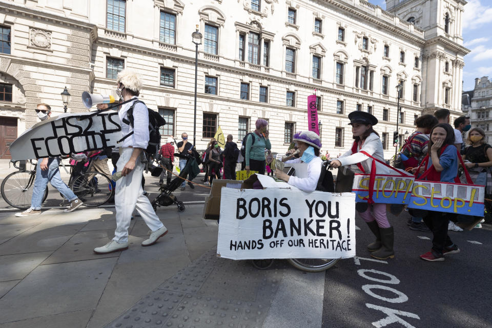 LONDON, UNITED KINGDOM - SEPTEMBER 01: Extinction Rebellion protesters take part in a demonstration in Parliament Square in London, United Kingdom on September 01, 2020. The group are calling for MPs to support The Climate and Ecological Emergency Bill (CEE Bill). (Photo by Stringer/Anadolu Agency via Getty Images)