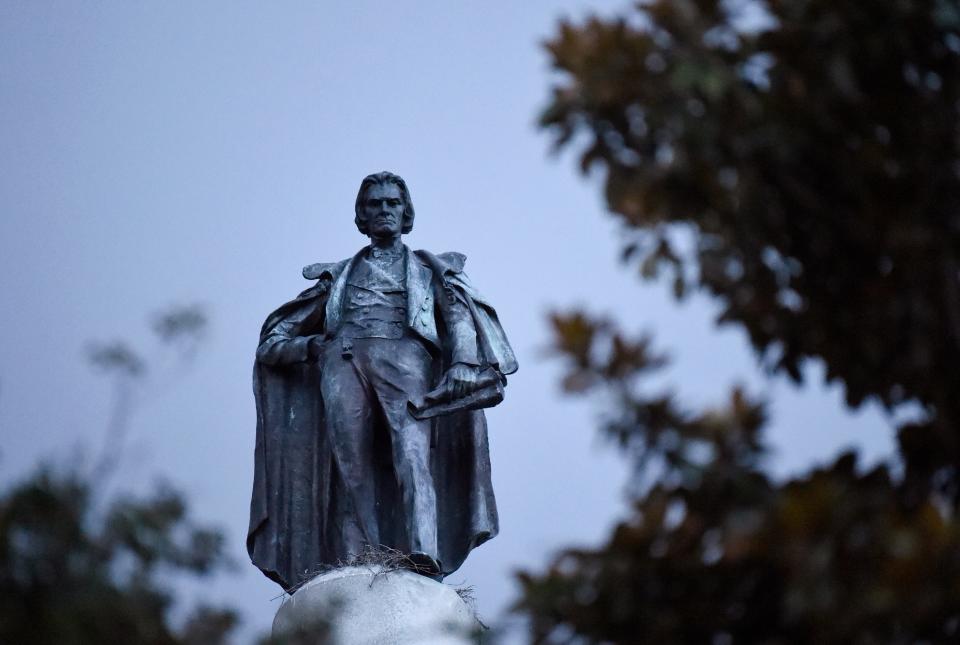 A 100-foot monument to former U.S. vice president and slavery advocate John C. Calhoun in Charleston, S.C., in June 2020. The statue towered over a downtown square until officials in Charleston voted unanimously to remove it after rising protests against racism and police brutality against African Americans.