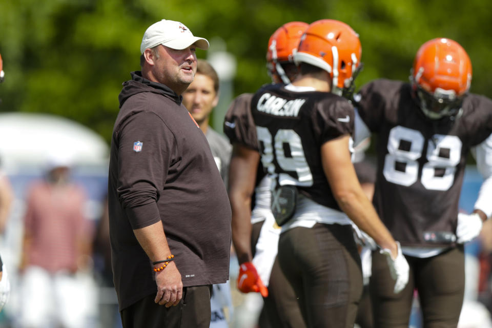Cleveland Browns head coach Freddie Kitchens watches during practice with the at the NFL team's football training camp in Westfield, Ind., Thursday, Aug. 15, 2019. The Browns held a joint practice with the Indianapolis Colts. (AP Photo/Michael Conroy)