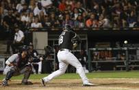 Aug 10, 2018; Chicago, IL, USA; Chicago White Sox right fielder Daniel Palka (18) hits game winning home run against the Cleveland Indians at Guaranteed Rate Field. Mandatory Credit: Kamil Krzaczynski-USA TODAY Sports