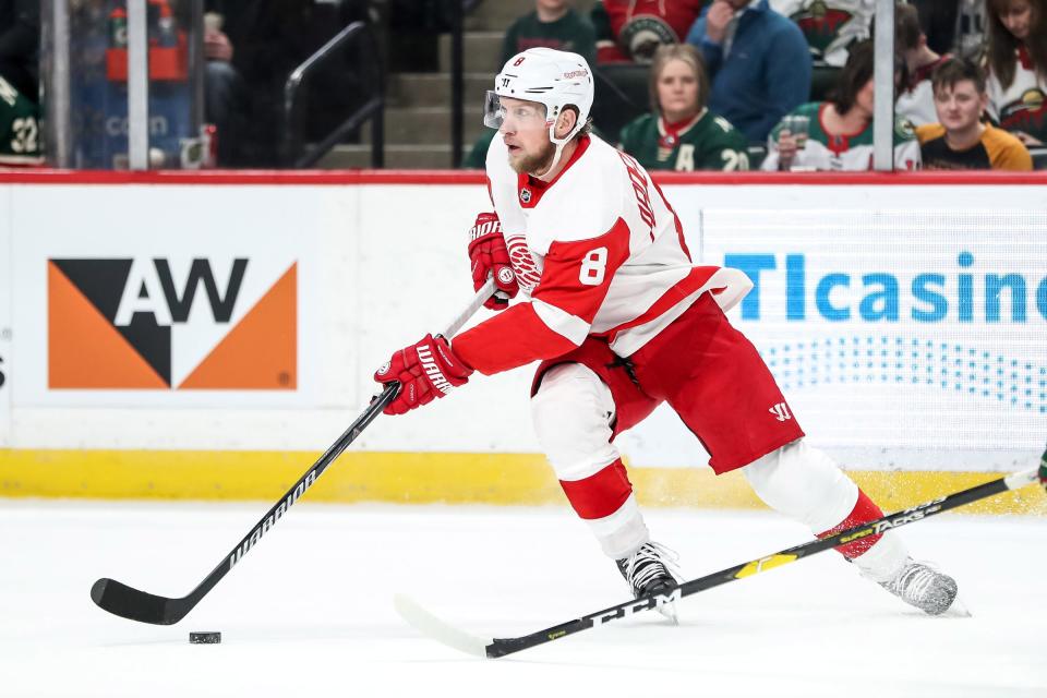 Detroit Red Wings forward Justin Abdelkader carries the puck during the first period against the Minnesota Wild at Xcel Energy Center, Saturday, Jan. 12, 2019, in St. Paul, Minn.