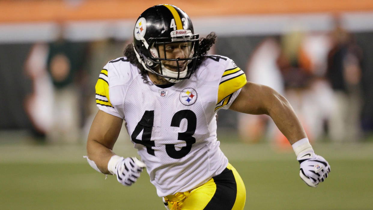 Mandatory Credit: Photo by Ed Reinke/AP/Shutterstock (6027569a)Troy Polamalu Pittsburgh Steelers safety Troy Polamalu in action against the Cincinnati Bengals in the second half of an NFL football game, in CincinnatiSteelers Bengals Football, Cincinnati, USA.