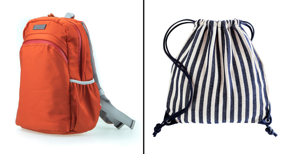 Backpacks (left) and string bags (right, file) are safer alternatives to green bags to help avoid shoulder injuries. Source: Getty