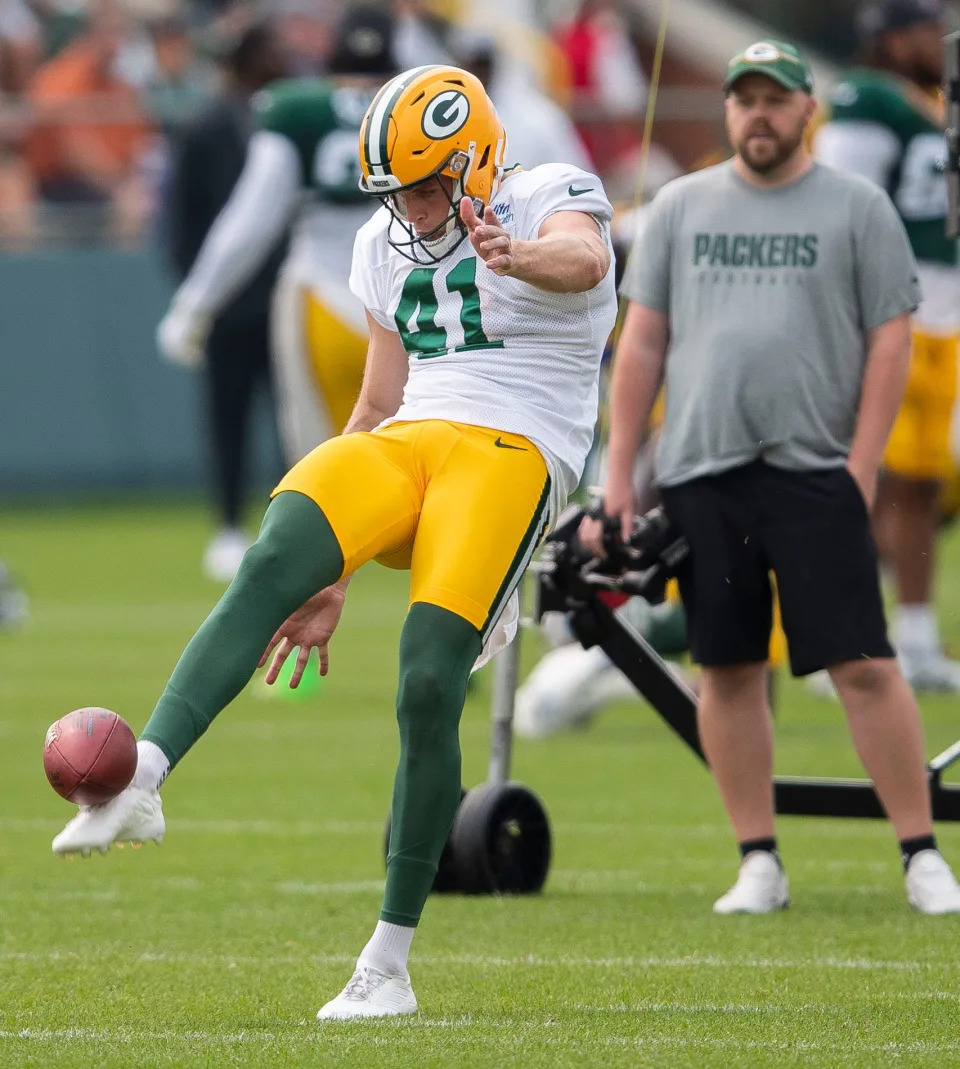 Green Bay Packers punter Daniel Whelan (41) punts the ball during practice on Tuesday, August 1, 2023, at Ray Nitschke Field in Green Bay, Wis. Tork Mason/USA TODAY NETWORK-Wisconsin 
