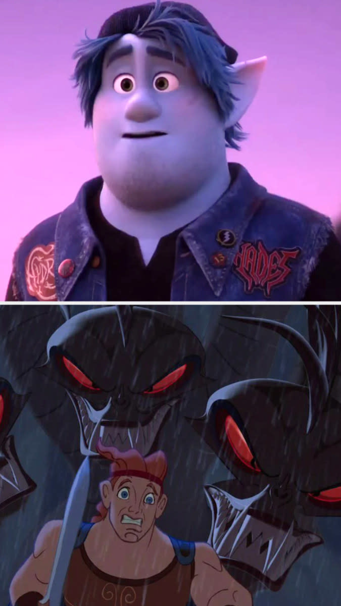 Barley wearing a denim vest with "Hades" on it; Hercules in "Hercules" running from a Hydra