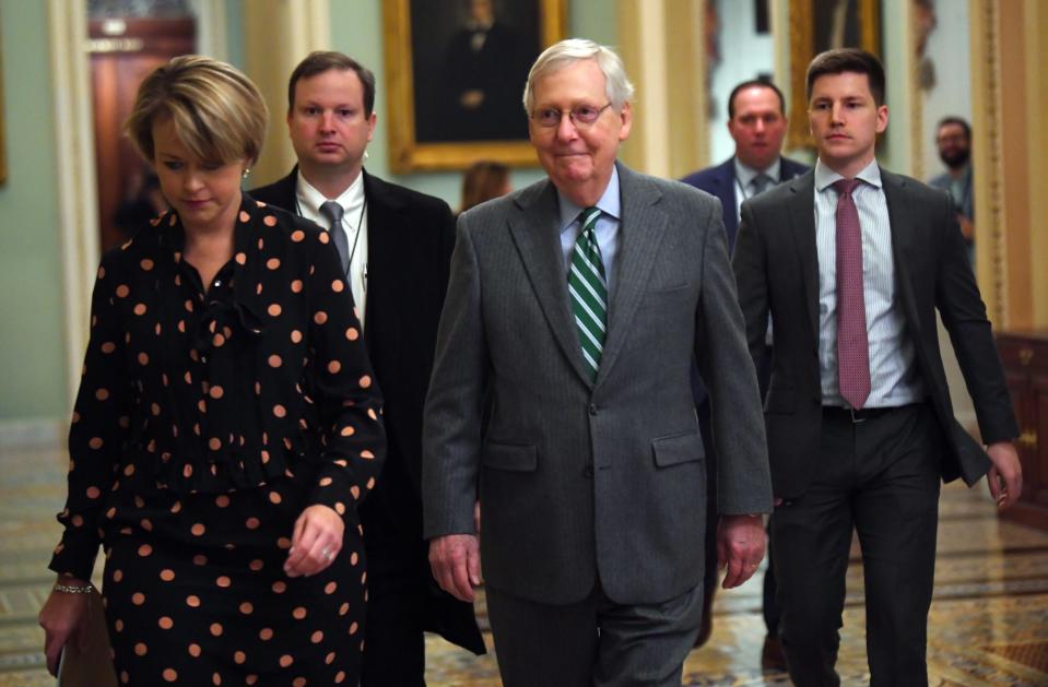Senate Majority Leader Mitch McConnell, R-Ky., arrives at the Capitol on Jan. 16, where Rep. Adam Schiff, the lead House manager, formally read the articles of impeachment against President Donald Trump.