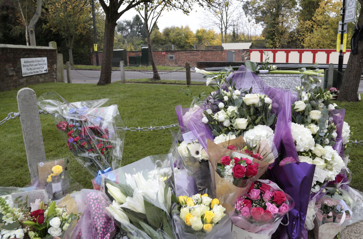 Flowers are laid at the unveiling of the new memorial marking the first anniversary of the Tram crash in Croydon, Surrey.  Featuring: Atmosphere Where: Croydon, United Kingdom When: 09 Nov 2017 Credit: Theo/WENN.com