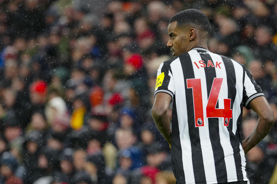Newcastle's Alexander Isak celebrates after scoring his side's opening goal during the English Premier League soccer match between Liverpool and Newcastle, at Anfield stadium in Liverpool, England, Monday, Jan. 1, 2024. (AP Photo/Jon Super)