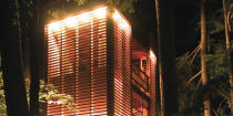 <b>4TreeHouse, Canada</b> Made to look like a Japanese lantern on stilts, this treehouse features a first floor bedroom, and two upper floors that are open to the elements. During the day, the latticed walls act like a tree canopy, filtering light into the rooms.