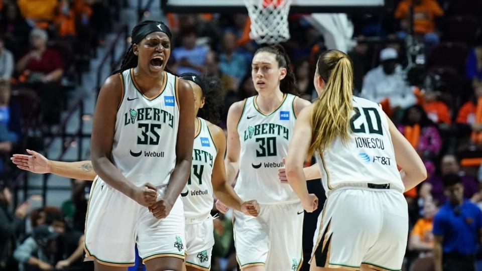 New York Liberty forward Jonquel Jones (35) reacts after a play against the Connecticut Sun in the second half during game four of the 2023 WNBA Playoffs at Mohegan Sun Arena.