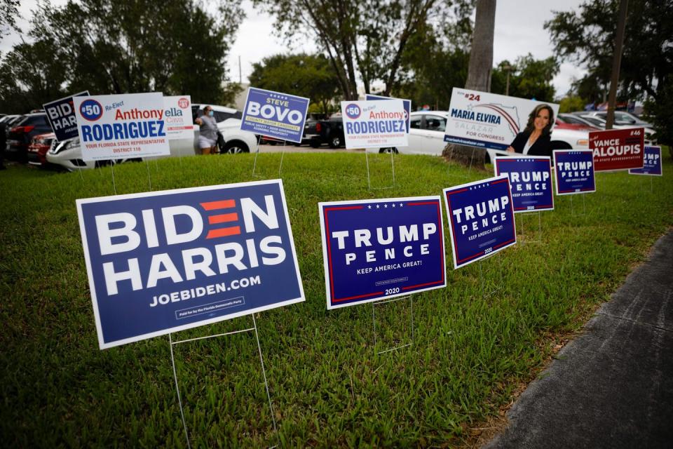 Campaign signs on a lawn.