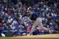 Milwaukee Brewers starting pitcher Corbin Burnes throws during the seventh inning of a baseball game against the Chicago Cubs Thursday, March 30, 2023, in Chicago. (AP Photo/Erin Hooley)