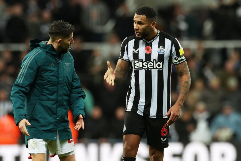 Jamaal Lascelles (right) was refused a handshake by Jorginho (Getty Images)