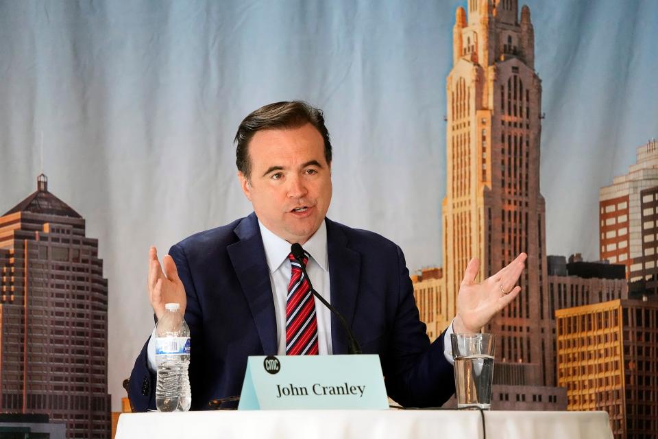 Democratic gubernatorial candidate John Cranley speaks during a debate at the The Boat House at Confluence Park in Columbus on Wednesday.