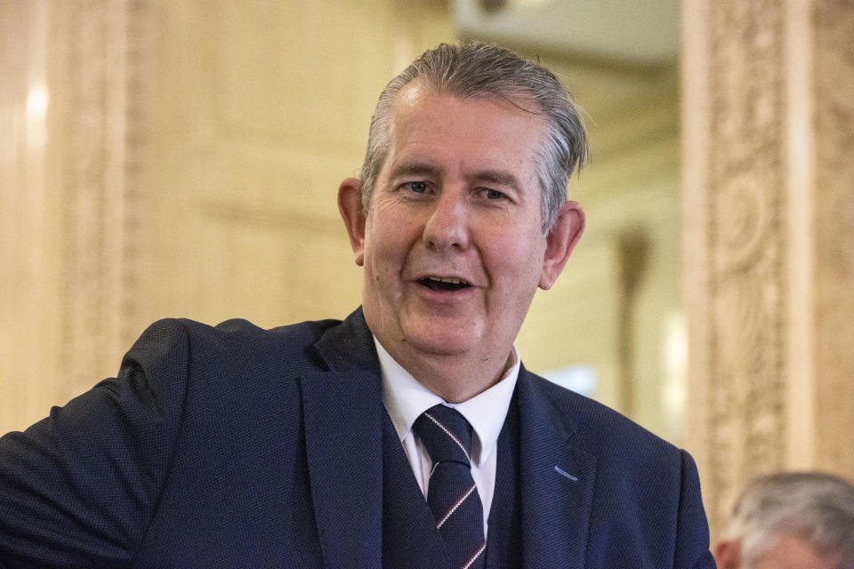 Leader of the DUP Edwin Poots at Stormont to announce his first ministerial team, in Belfast, Northern Ireland, Tuesday June 8 2021. Religious conservative from the party's traditionalist wing Edwin Poots won a two-person contest Friday to lead the Democratic Unionist Party, the senior partner in Northern Ireland’s Catholic-Protestant power-sharing government. (Liam McBurney/PA via AP)
