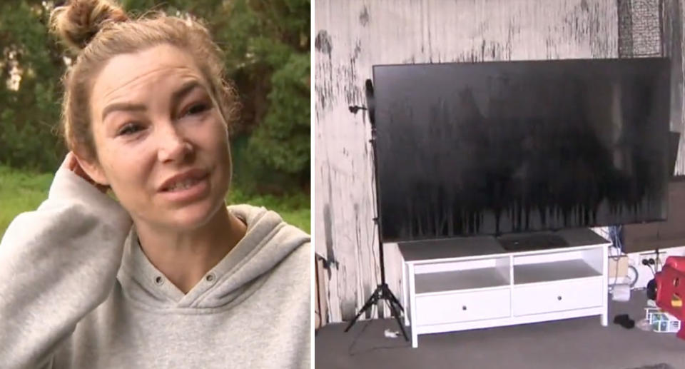 Left, Tahnee Rodgers can be seen in a grey hoodie sharing her simple safety warning. Right, a large flat screen TV can be seen with smoke damage as well as the wall behind it. 