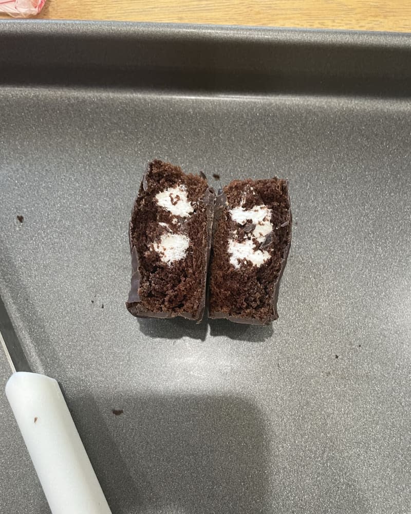 Dingdong Hostess snack cut open on baking sheet