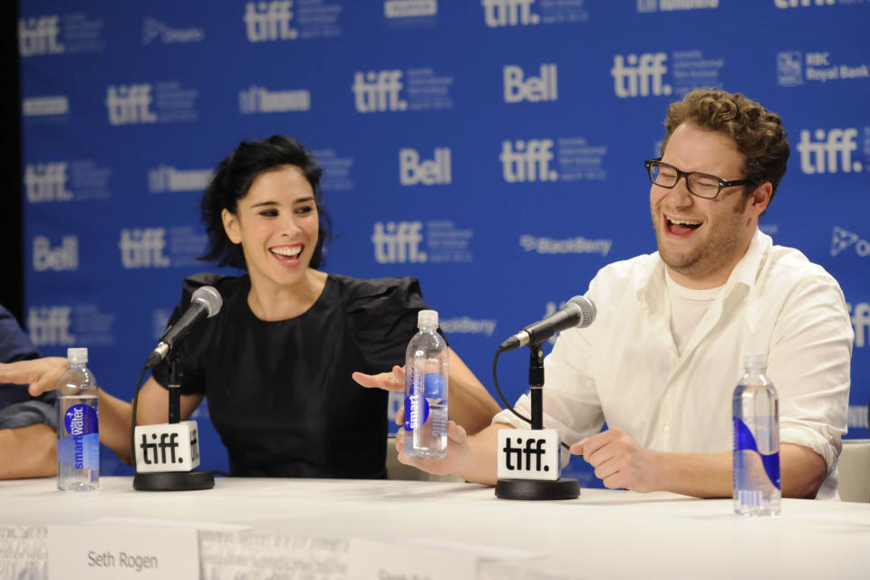 FILE - Actress Sarah Silverman, left, and actor Seth Rogen participate in a press conference during the Toronto International Film Festival on Sunday, Sept. 11, 2011 in Toronto. Big cannabis companies are backing a new, celebrity-studded campaign to legalize marijuana nationwide, hoping to build pressure on Congress from constituents who haven't always made themselves heard: marijuana users. "Legalizing cannabis is long past due, and if we make enough noise, we can make it happen," actor Seth Rogen, a cannabis company co-founder himself, says in a kickoff video. (AP Photo/Evan Agostini, File)