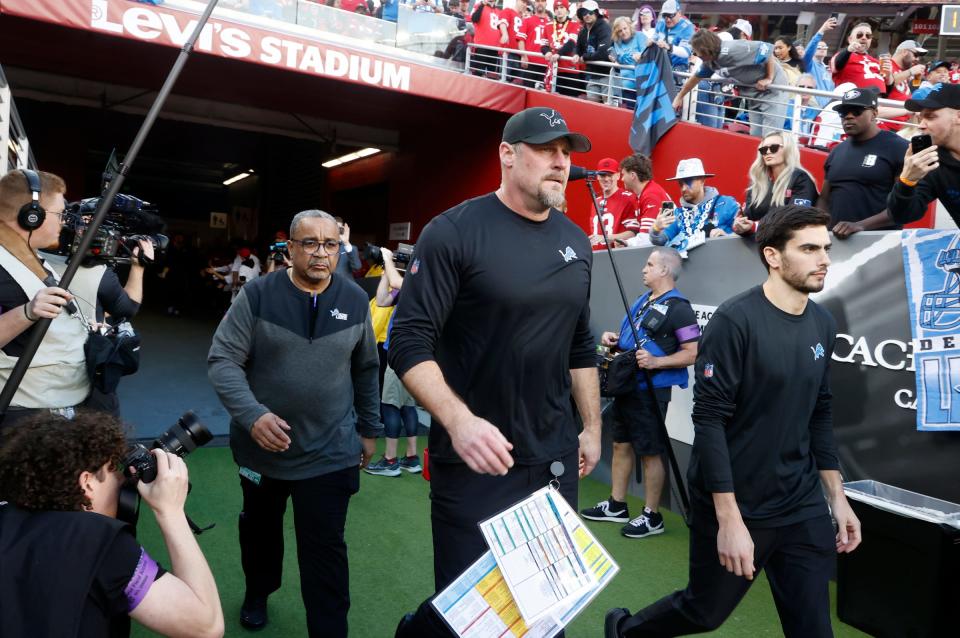 Lions coach Dan Campbell takes the field before the NFC championship game at Levi's Stadium in Santa Clara, California, on Sunday, Jan. 28, 2024.