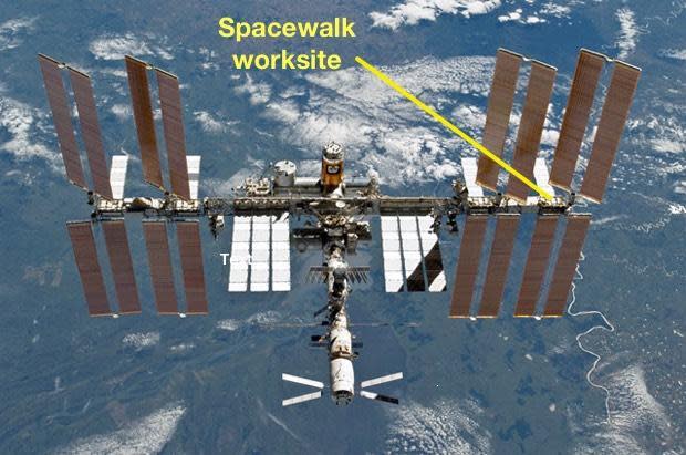 Astronauts Chris Cassidy and Robert Behnken plan up to four spacewalks to replace aging batteries used by the International Space Station's right-side outboard solar arrays. The first spacewalk is on tap Friday.  / Credit: CBS News/NASA