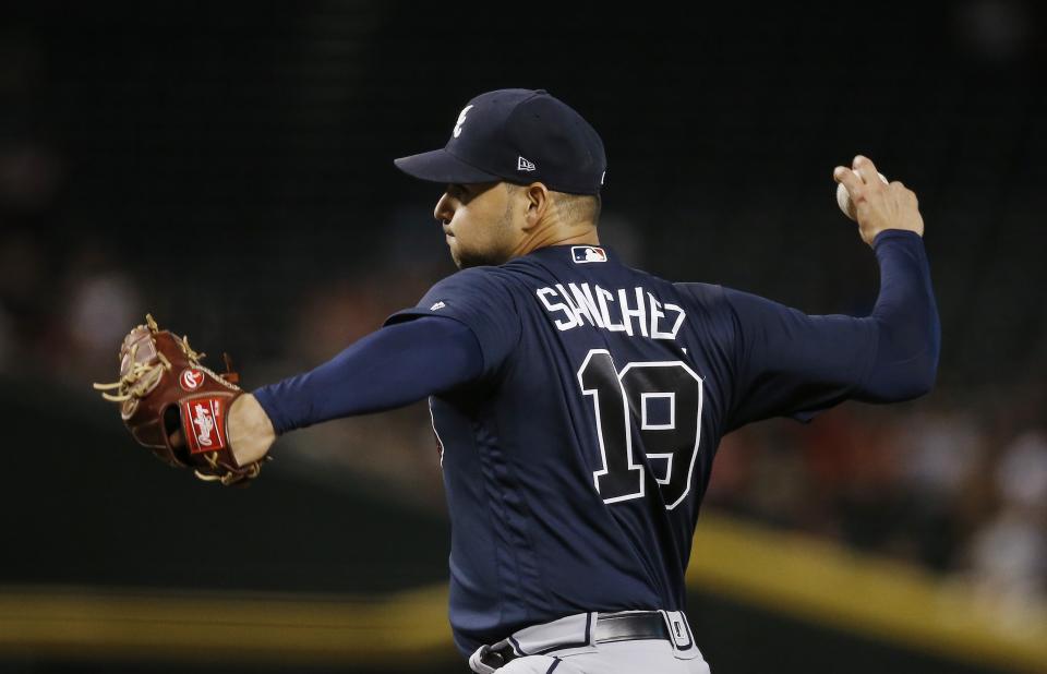 Atlanta Braves starting pitcher Anibal Sanchez throws to an Arizona Diamondbacks batter during the first inning of a baseball game Thursday, Sept. 6, 2018, in Phoenix. (AP Photo/Ross D. Franklin)