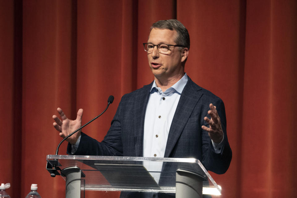 Eric Doden speaks during a debate organized and hosted by the Indiana Debate Commission, Tuesday, April 23, 2024, in Indianapolis. (AP Photo/Darron Cummings)