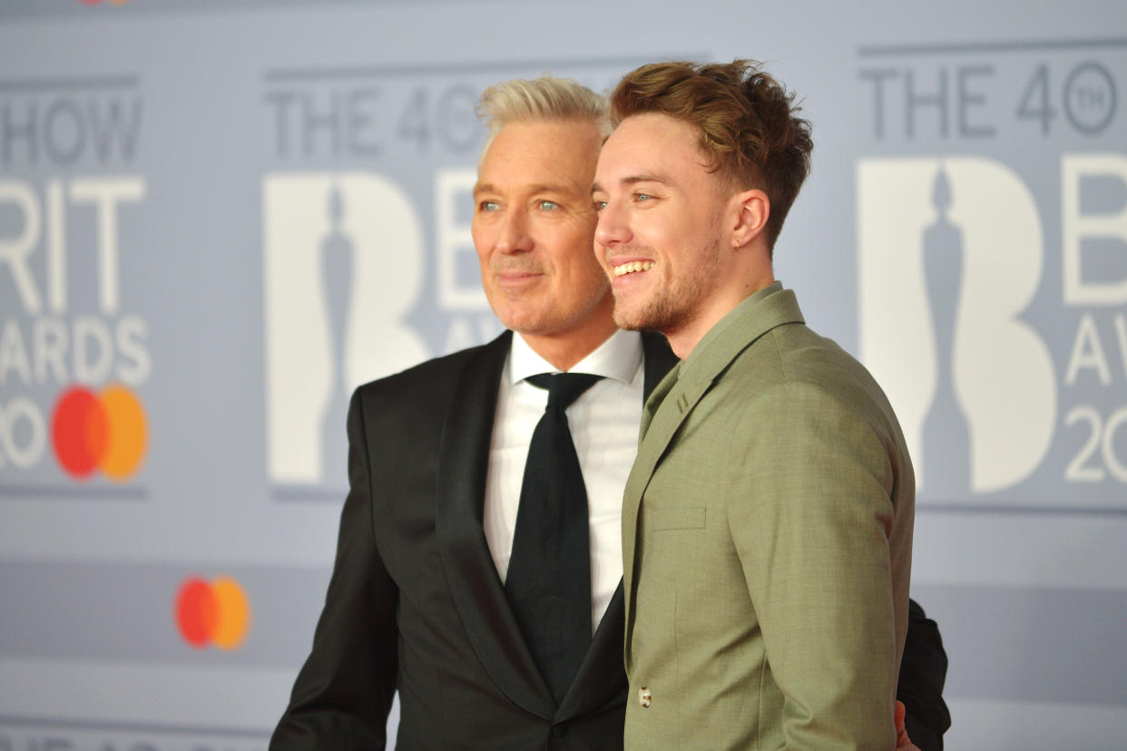 LONDON, ENGLAND - FEBRUARY 18: (EDITORIAL USE ONLY)  Martin Kemp and Roman Kemp attend The BRIT Awards 2020 at The O2 Arena on February 18, 2020 in London, England. (Photo by Jim Dyson/Redferns)