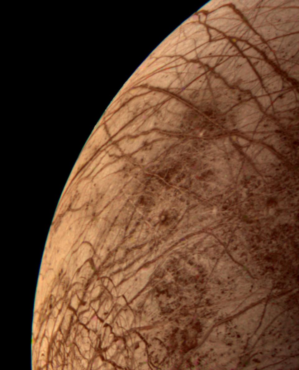 This color image of the Jovian moon Europa was taken from the Voyager 2 spacecraft on July 9, 1979.