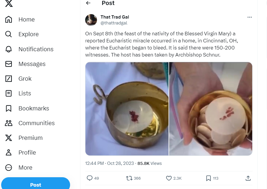 Photos of a red-smudged communion wafer began appearing online in October 2023, along with claims it was a miracle that occurred during a Catholic Mass in Cincinnati.