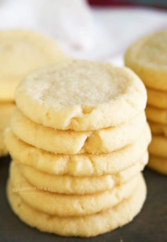 <p>Kleinworth & Co.</p><p>These soft and chewy 4-Ingredient Sugar Cookies are made without eggs or cake mix and don’t require chilling or rolling. So simple, so good! Perfect for a quick and easy dessert!</p><p><strong>Get the recipe: <a href="https://www.kleinworthco.com/4-ingredient-sugar-cookies/" rel="nofollow noopener" target="_blank" data-ylk="slk:4-Ingredient Sugar Cookies;elm:context_link;itc:0;sec:content-canvas" class="link rapid-noclick-resp"><em>4-Ingredient Sugar Cookies</em></a></strong></p>