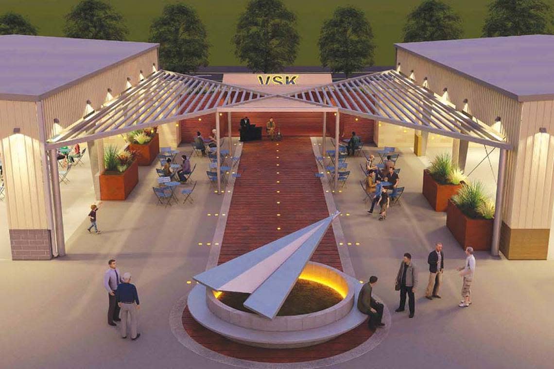 Vista Field’s first building construction will transform the former general aviation hangars into a pavilion-like gathering spot built around a courtyard.