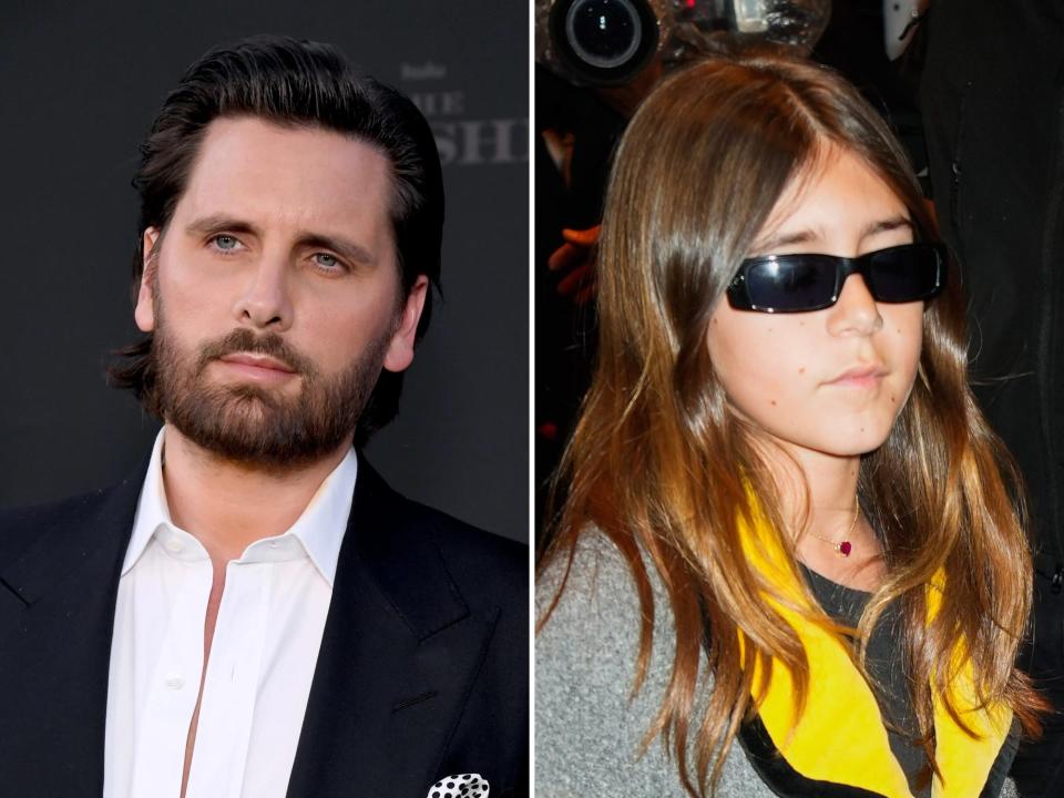 left: scott disick, with trimmed facial hair, his hair slicked back, and wearing a white shirt and black suit jacket; right: his daughter penelope, wearing thin sunglasses, and a grey coat with a yellow collar